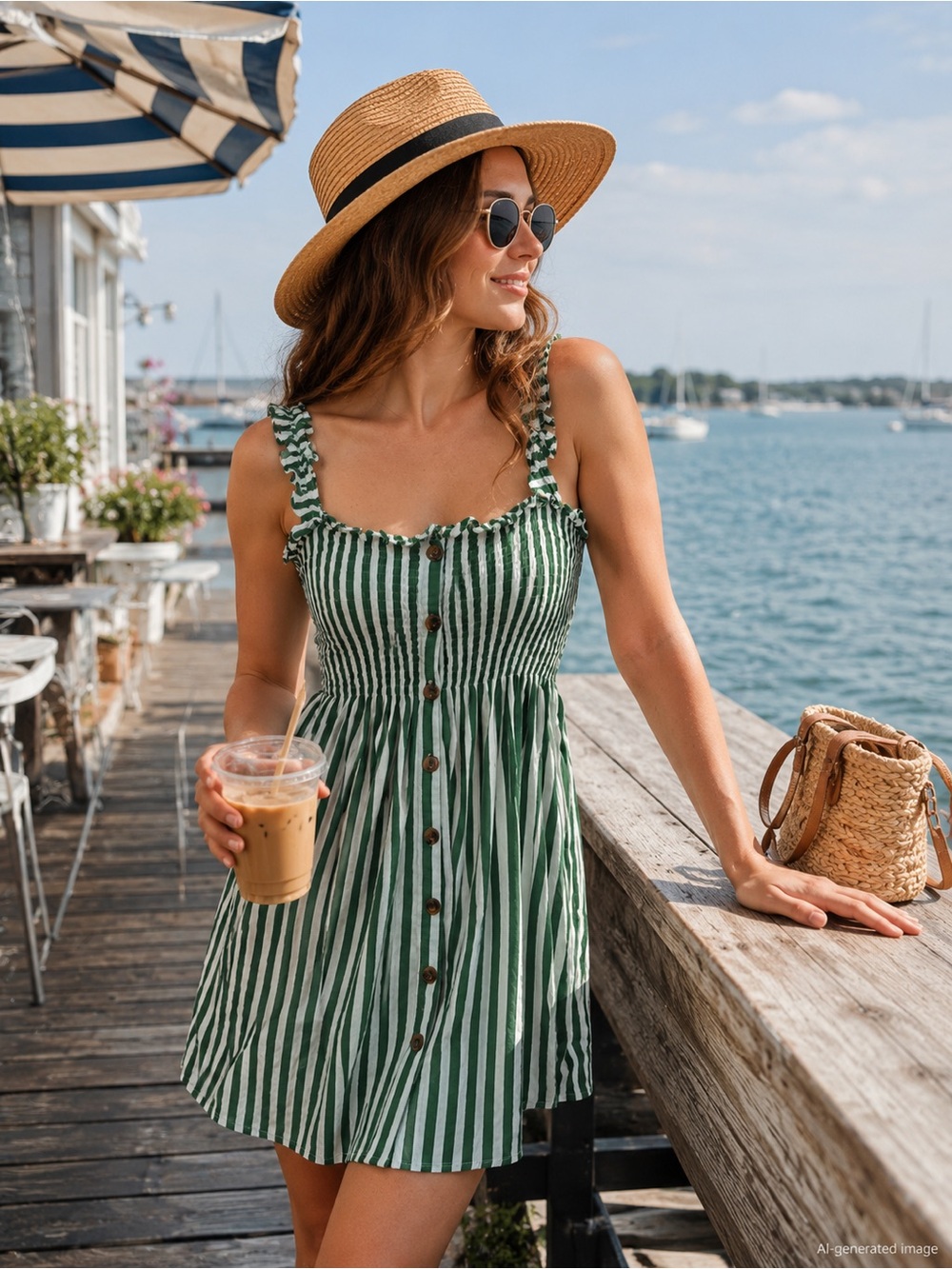 Faithfull The Brand Green White Stripe Smocked Mini Dress S Preppy Beach Coastal
